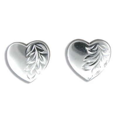 Sterling Silver Hand Carved Hawaiian Maile leaf with Heart Shaped Pierced Earrings