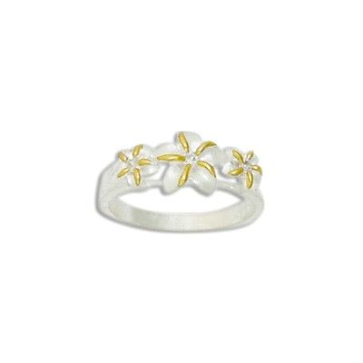 Sterling Silver Triple Two Tone Hawaiian Plumeria Flowers Ring with CZ