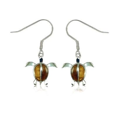 Sterling Silver Hawaiian Koa Wood Sea Turtle Fish Wire Earrings