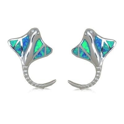 Sterling Silver Hawaiian Ray Fish Shaped Blue Opal Pierced Earrings