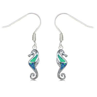 Sterling Silver Hawaiian Seahorse Shaped Blue Opal Earrings with Fish Wires