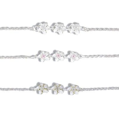 Sterling Silver 8MM Triple Hawaiian Plumeria with Rope Chain Design Anklet