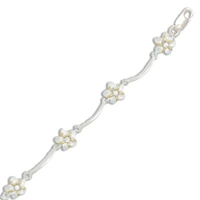 Sterling Silver Two Tone 8MM Hawaiian Plumeria and Long Bar Design Bracelet