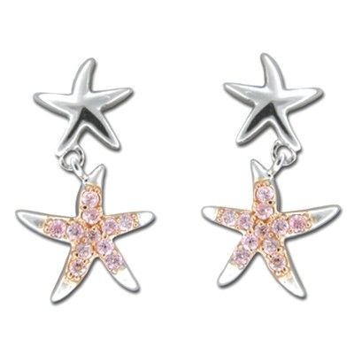 Sterling Silver Hawaiian Starfish Floating with Pink CZ Earrings