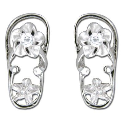 Sterling Silver Hawaiian Plumeria Clear CZ Slipper Pierced Earrings
