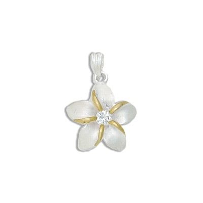 Sterling Silver Two Tone 15MM Hawaiian Plumeria with Clear CZ Design Pendant
