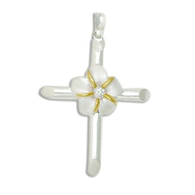 Sterling Silver Two Tone Cross Design with 12MM Hawaiian Plumeria with Clear CZ Pendant