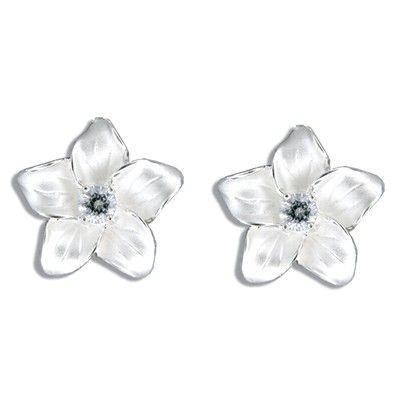 Sterling Silver White Sand CZ Plumeria Pierced Earrings