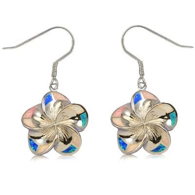 Sterling Silver 20mm Hawaiian Plumeria with Rainbow Opal Earrings with Fish Wires