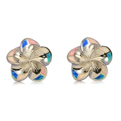 Sterling Silver 18mm Hawaiian Plumeria with Rainbow Opal Post Earrings