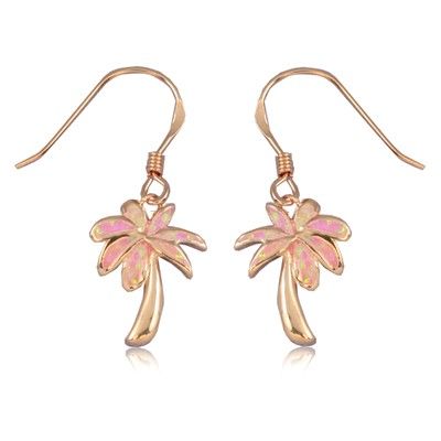 Sterling Silver Hawaiian Pink Opal Palm Tree Fish Wired Earrings