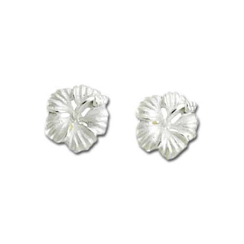 Sterling Silver 15MM Hibiscus Flower Stud Earrings with White sand Finish
