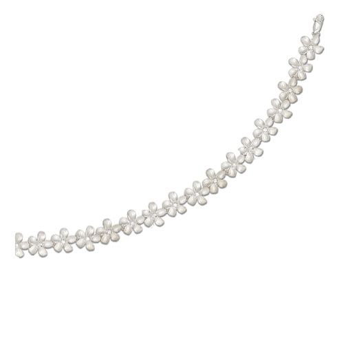 Sterling Silver Hawaiian 8mm Plumeria Lei with Clear CZ Link Necklace