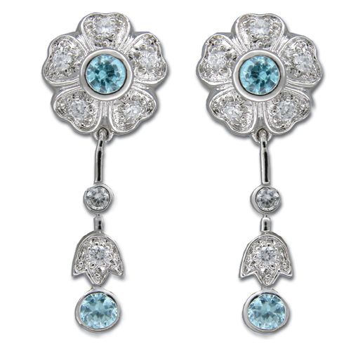 Sterling Silver Flower Design with Aquamarine Blue CZ Drop Earrings