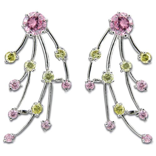 Sterling Silver Shooting Star Design with Citrine Yellow and Pink Tourmaline CZ Drop Earrings 