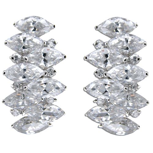 Sterling Silver Marquise Shaped Clear CZ Half-Hoop Earrings 